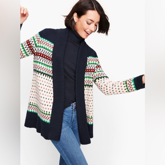 Talbots ladies FAIR ISLE SHAWL COLLAR OPEN SWEATER soft cozy small oversized - Picture 2 of 11